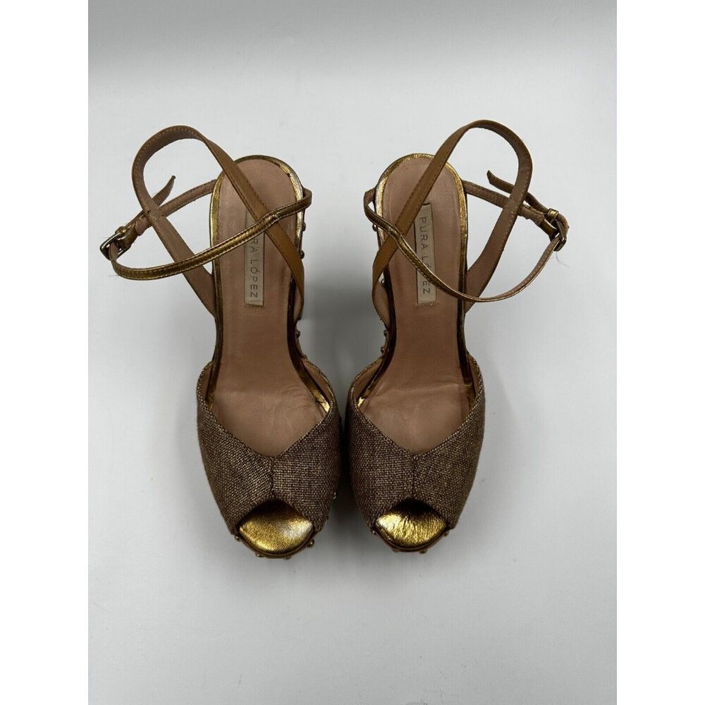 Pura Lopez Size 36 Studded Heeled Sandals Pumps Platform Wooden Chunky Heel Shoe - Picture 2 of 8